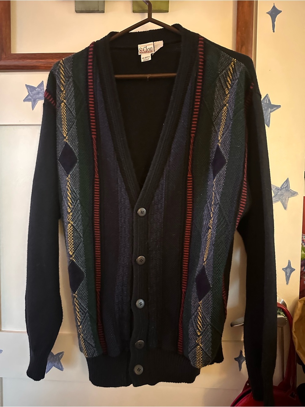 Vintage Navy Multi-Pattern Button Cardigan Sweater